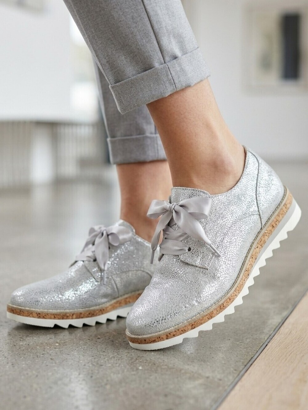 MARCO TOZZI Metallic Silver Grey Women's Derby Cork Rubber Sole Shoes